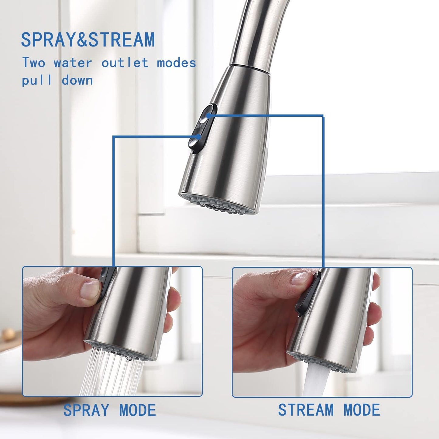 Touch on Kitchen Faucet Automatic Motion Sensor Single Handle with 2 Modes Pull down Sprayer, Brushed Nickel Sink Faucet with Fingerprints Resistant, Single Hole and 3 Hole Deck Mount,Brushed Nickel