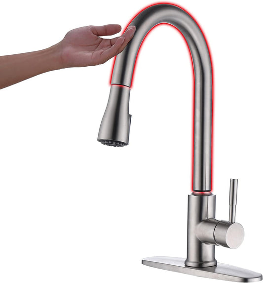 Touch on Kitchen Faucet Automatic Motion Sensor Single Handle with 2 Modes Pull down Sprayer, Brushed Nickel Sink Faucet with Fingerprints Resistant, Single Hole and 3 Hole Deck Mount,Brushed Nickel