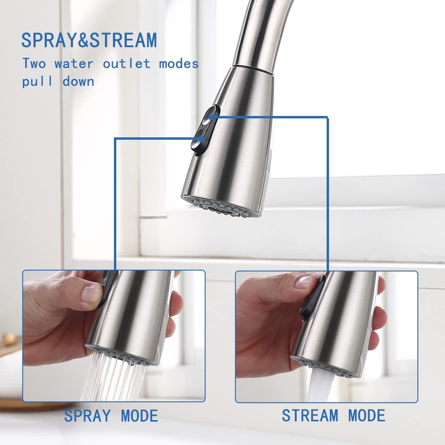 Touch on Kitchen Faucet Automatic Motion Sensor Single Handle with 2 Modes Pull down Sprayer, Brushed Nickel Sink Faucet with Fingerprints Resistant, Single Hole and 3 Hole Deck Mount,Brushed Nickel