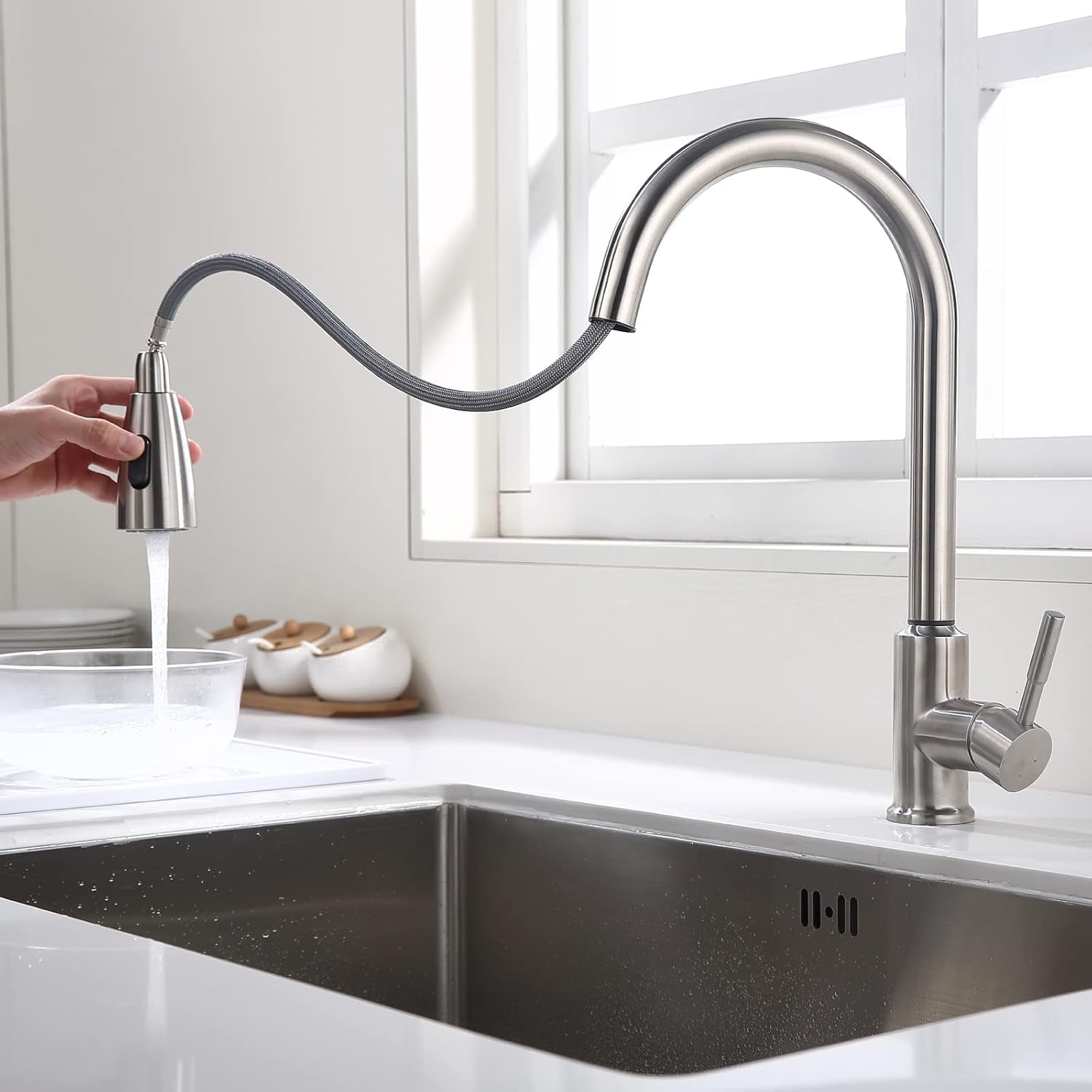 Touch on Kitchen Faucet Automatic Motion Sensor Single Handle with 2 Modes Pull down Sprayer, Brushed Nickel Sink Faucet with Fingerprints Resistant, Single Hole and 3 Hole Deck Mount,Brushed Nickel