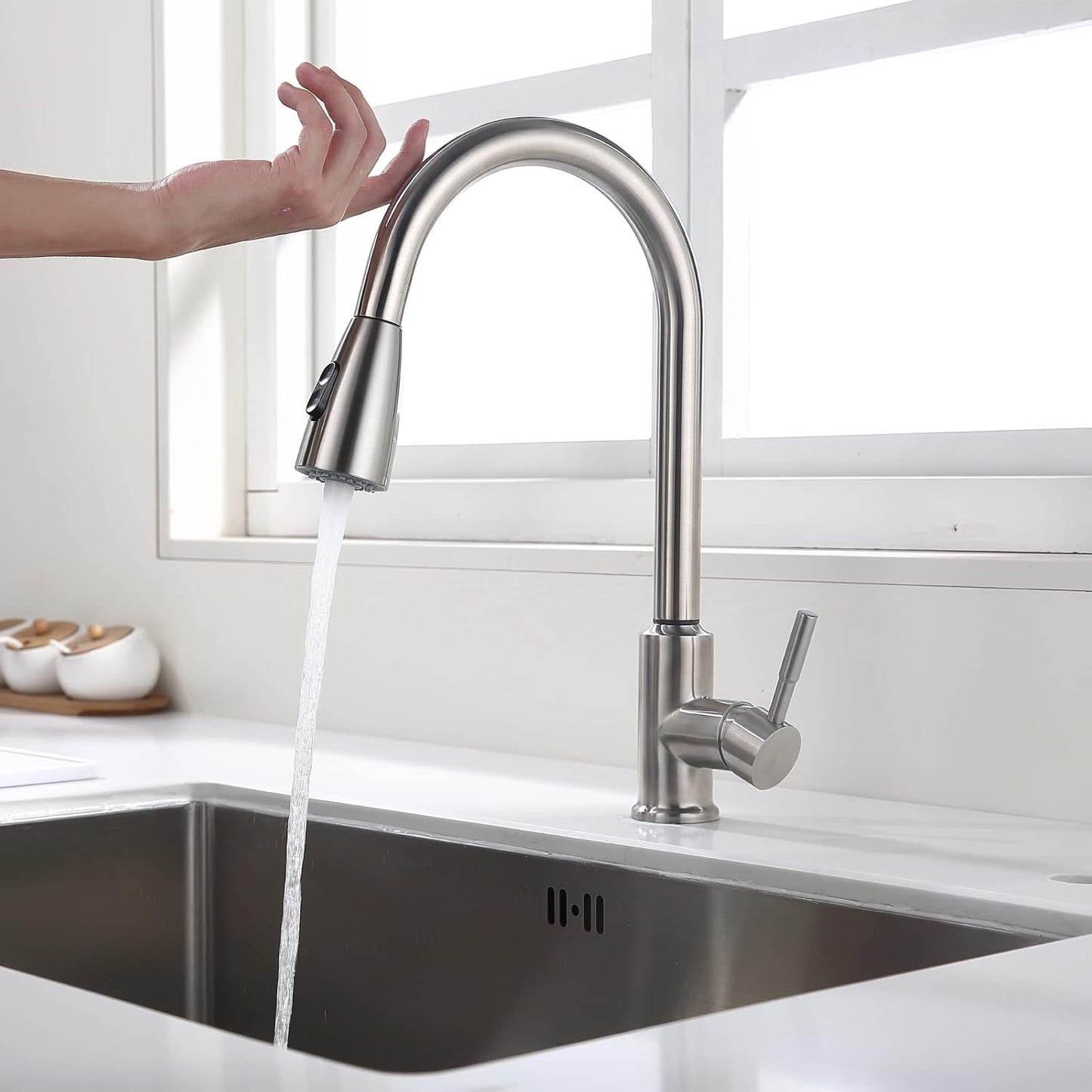 Touch on Kitchen Faucet Automatic Motion Sensor Single Handle with 2 Modes Pull down Sprayer, Brushed Nickel Sink Faucet with Fingerprints Resistant, Single Hole and 3 Hole Deck Mount,Brushed Nickel