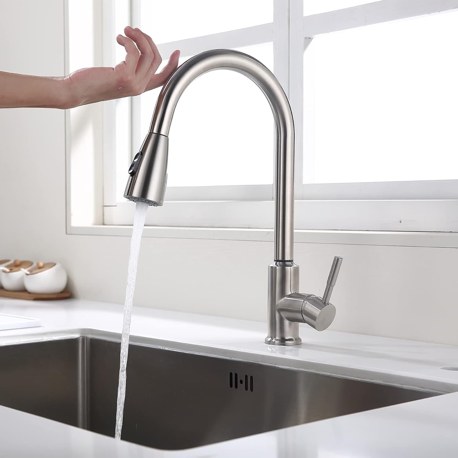 Touch on Kitchen Faucet Automatic Motion Sensor Single Handle with 2 Modes Pull down Sprayer, Brushed Nickel Sink Faucet with Fingerprints Resistant, Single Hole and 3 Hole Deck Mount,Brushed Nickel