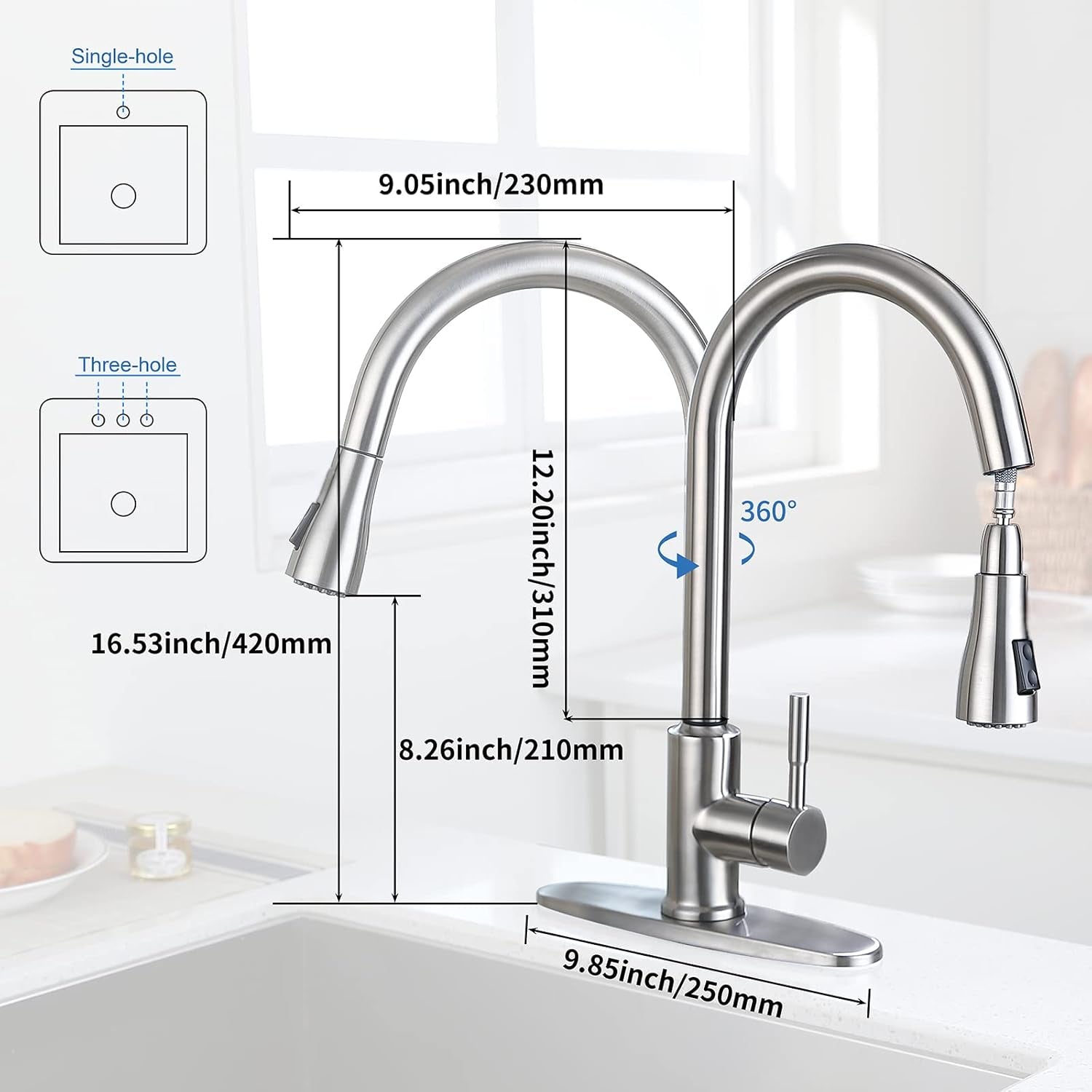 Touch on Kitchen Faucet Automatic Motion Sensor Single Handle with 2 Modes Pull down Sprayer, Brushed Nickel Sink Faucet with Fingerprints Resistant, Single Hole and 3 Hole Deck Mount,Brushed Nickel