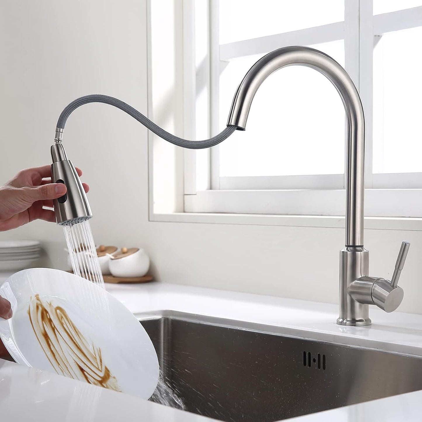 Touch on Kitchen Faucet Automatic Motion Sensor Single Handle with 2 Modes Pull down Sprayer, Brushed Nickel Sink Faucet with Fingerprints Resistant, Single Hole and 3 Hole Deck Mount,Brushed Nickel