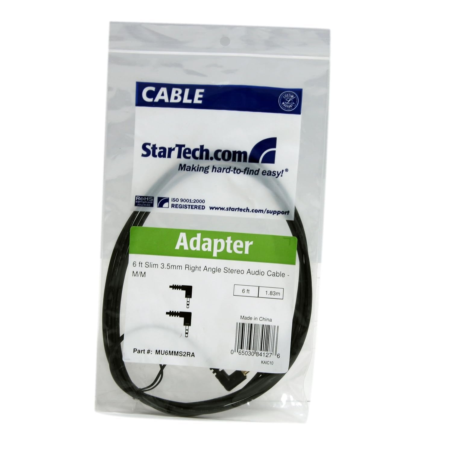 6 Ft. (1.8 M) Right Angle 3.5 Mm Audio Cable - 3.5Mm Slim Audio Cable - Right Angle - Male/Male - Aux Cable (MU6MMS2RA), Black